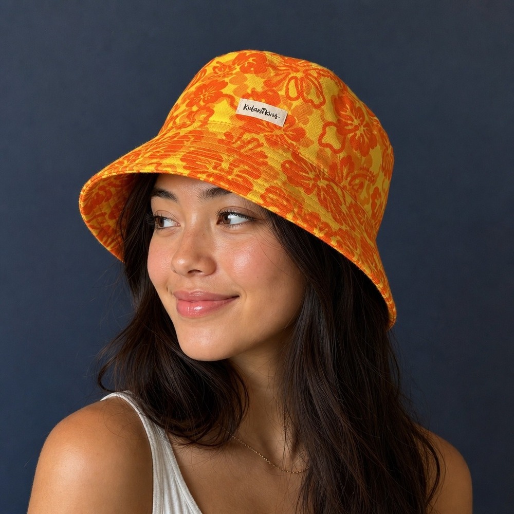 Kulani Kinis Bucket Hat Tropical Hibiscus Floral Summer Women M/L Orange Yellow